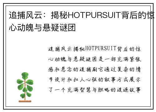 追捕风云：揭秘HOTPURSUIT背后的惊心动魄与悬疑谜团