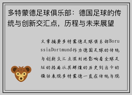 多特蒙德足球俱乐部：德国足球的传统与创新交汇点，历程与未来展望